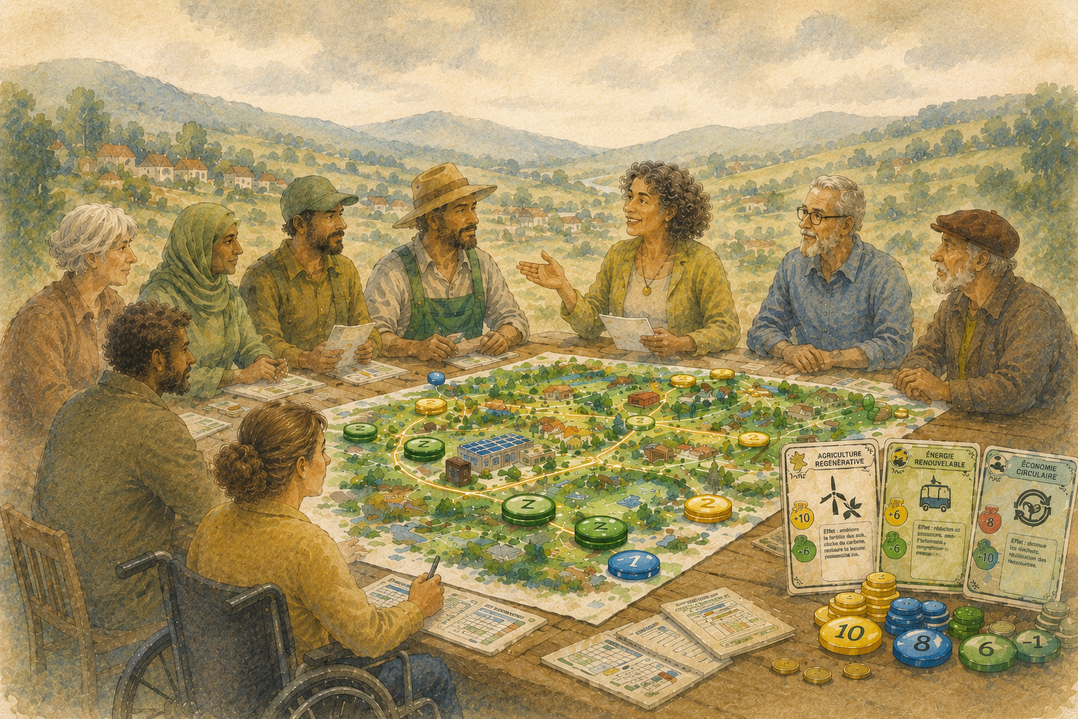 Illustration du jeu Les Aventuriers du Bien Commun autour d’un plateau coopératif